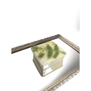 Beautiful Vintage Cream and Green Ceramic Dresser Box Raised Floral Decoration
